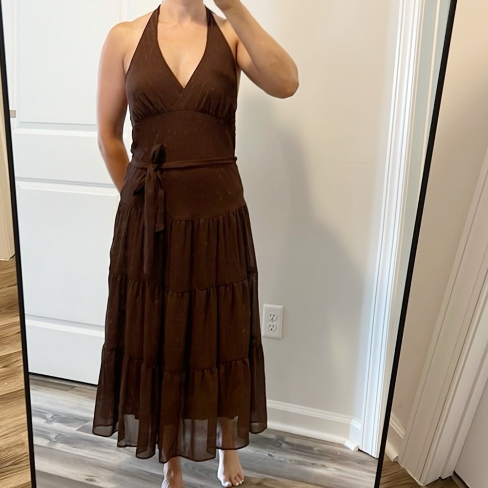 Johnathon Martin Y2K Chocolate Brown Halter Sheer Tiered Maxi Slip Dress Size 6P